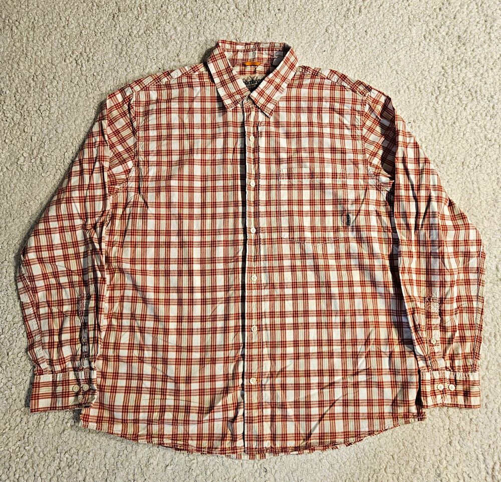 Y2K Timberland Shirt Button Down Plaid Stratham Issue Mens XL LS Red Cream